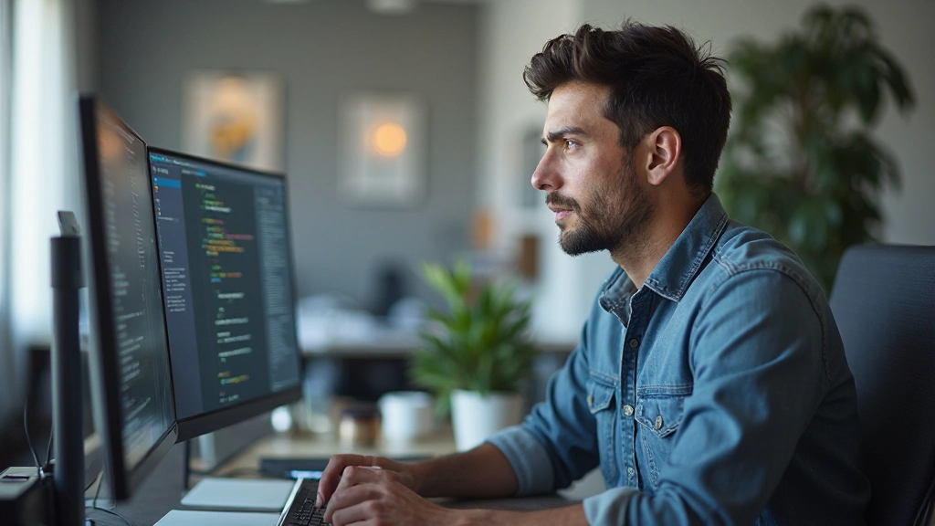 Profissional desenvolvedor web trabalhando em laptop com código visível no monitor, ambiente de trabalho moderno e organizado